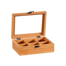 Scatola porta tè in legno di bambù con 6 scomparti e coperchio in vetro trasparente vista frontale.