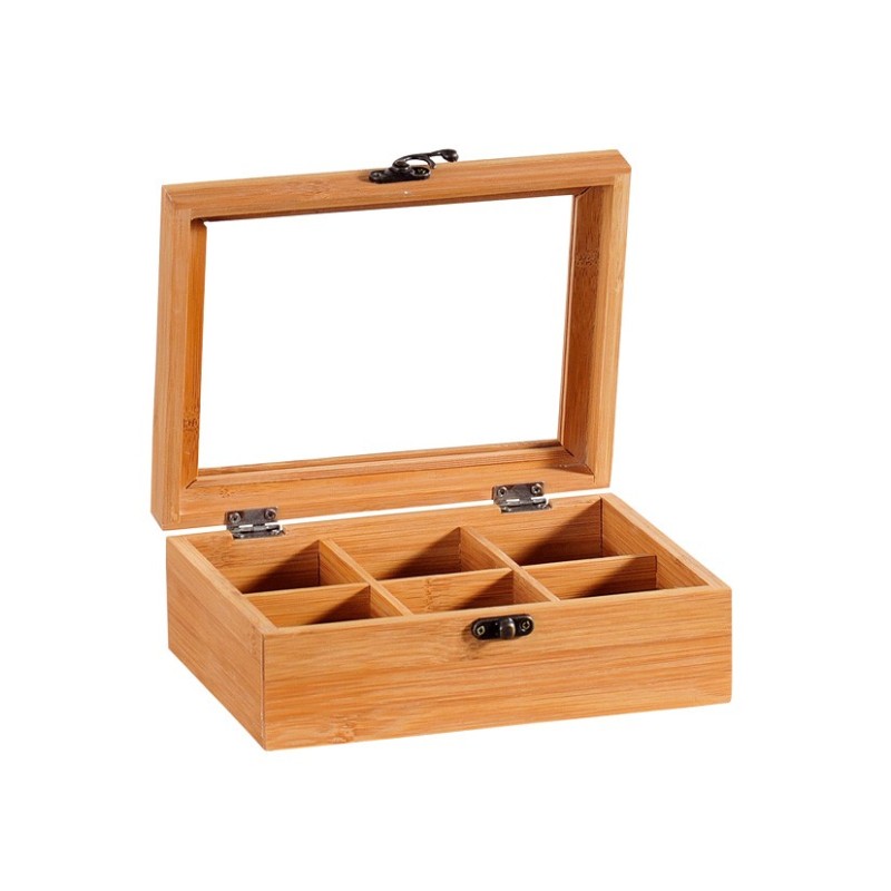 Scatola porta tè in legno di bambù con 6 scomparti e coperchio in vetro trasparente vista frontale.