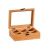 Scatola porta tè in legno di bambù con 6 scomparti e coperchio in vetro trasparente vista frontale.
