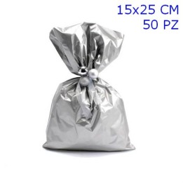 SACCHETTI REGALO METALLIZZATI TINTA UNITA LUCIDA CM 15x25 PZ 50 COLORE ARGENTO
