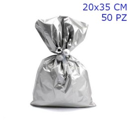 SACCHETTI REGALO METALLIZZATI TINTA UNITA LUCIDA CM 20x35 PZ 50 COLORE ARGENTO