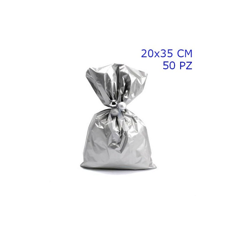 SACCHETTI REGALO METALLIZZATI TINTA UNITA LUCIDA CM 20x35 PZ 50 COLORE ARGENTO