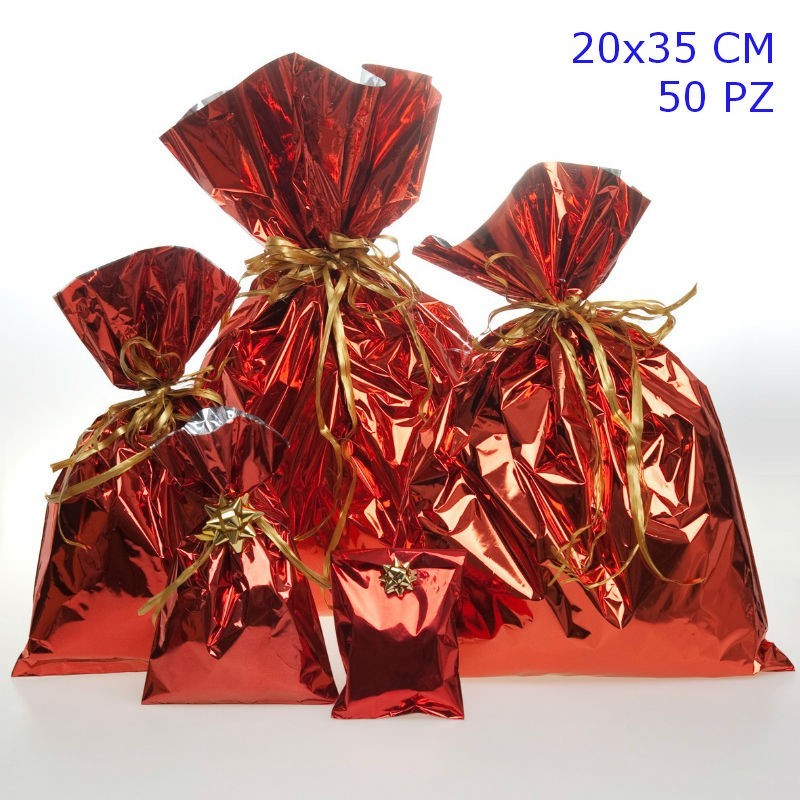 SACCHETTI REGALO METALLIZZATI TINTA UNITA LUCIDA CM 20x35 PZ 50 COLORE ROSSO